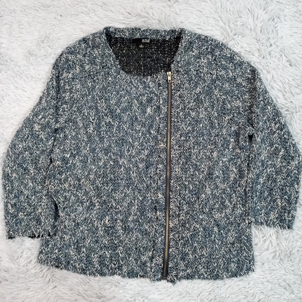 A.n.a. Sweater Womens Blue XL Zip Up Sweatshirt Fringe Hems Marled